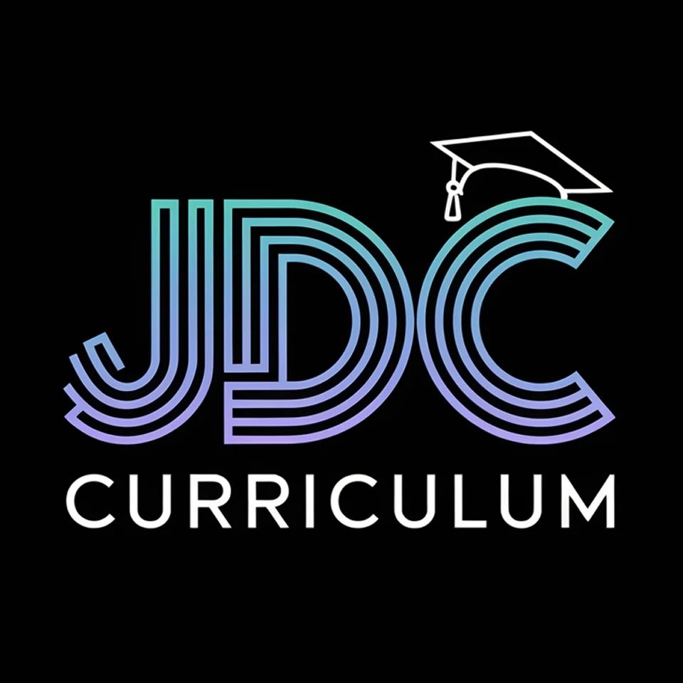 Logo of JDC Curriculum with layered gradient lettering and a graduation cap, symbolizing learning and growth.