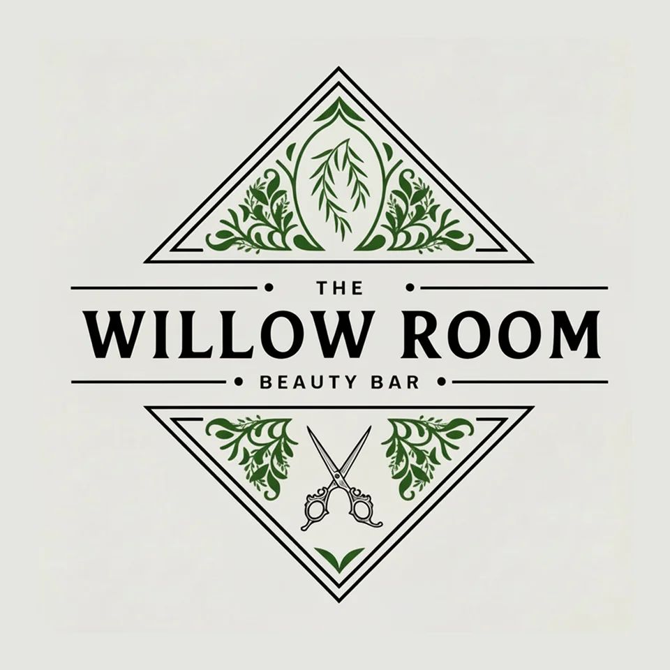 Logo of The Willow Room Beauty Bar with soft botanical details and scissors, blending nature and styling.