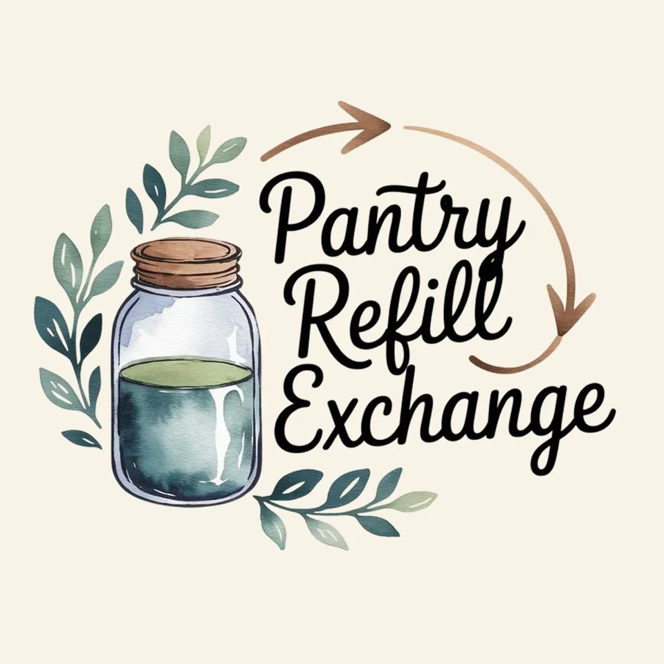 Logo of Pantry Refill Exchange with a glass jar and circular arrows, symbolizing eco-friendly reuse.