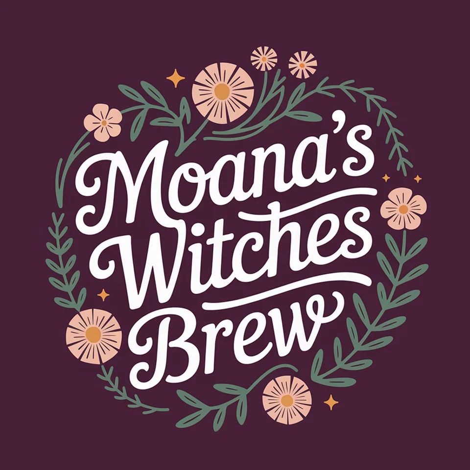 Logo of Moana's Witches Brew framed by floral elements in flowing script, suggesting a mystical wellness brand.
