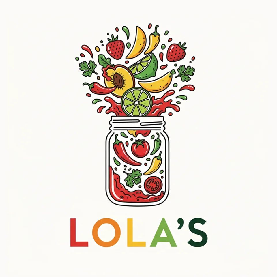 Logo of Lola’s with a jar bursting with fruits and vegetables, representing fresh, vibrant flavors.