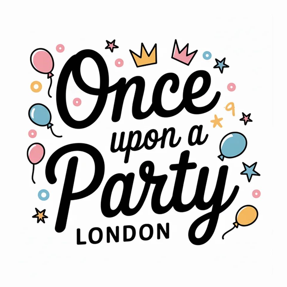 Logo of Once Upon a Party London with flowing script, balloons, and stars for a whimsical party brand.