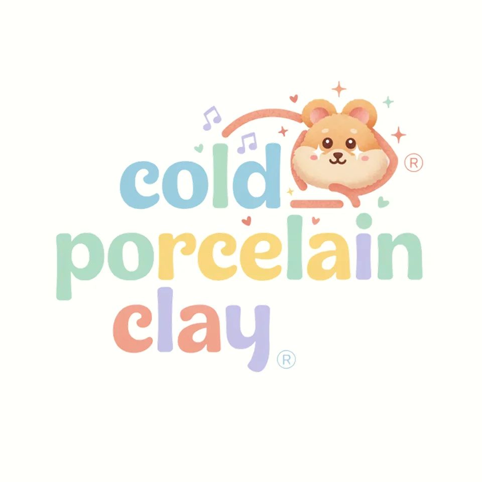Logo of Cold Porcelain Clay in soft pastel letters with a cute teddy bear, evoking playful handmade creativity.