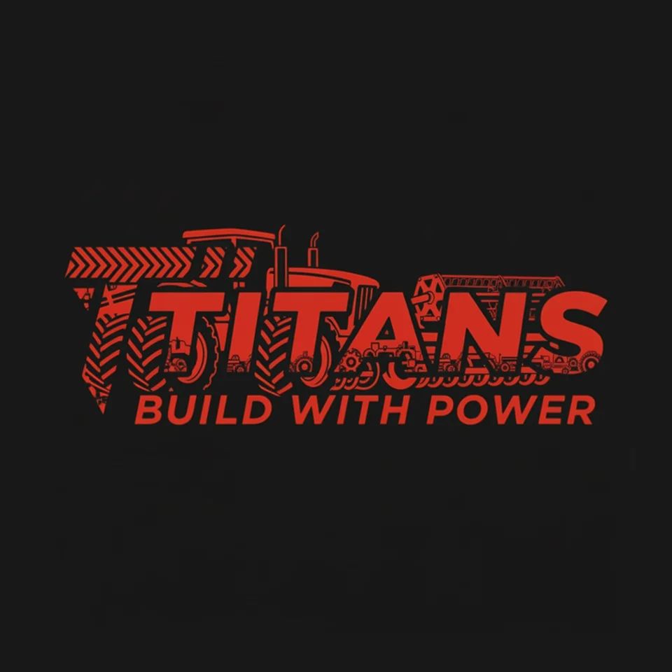 Logo of Titans with bold red tractors forming the wordmark, conveying strength and powerful machinery.
