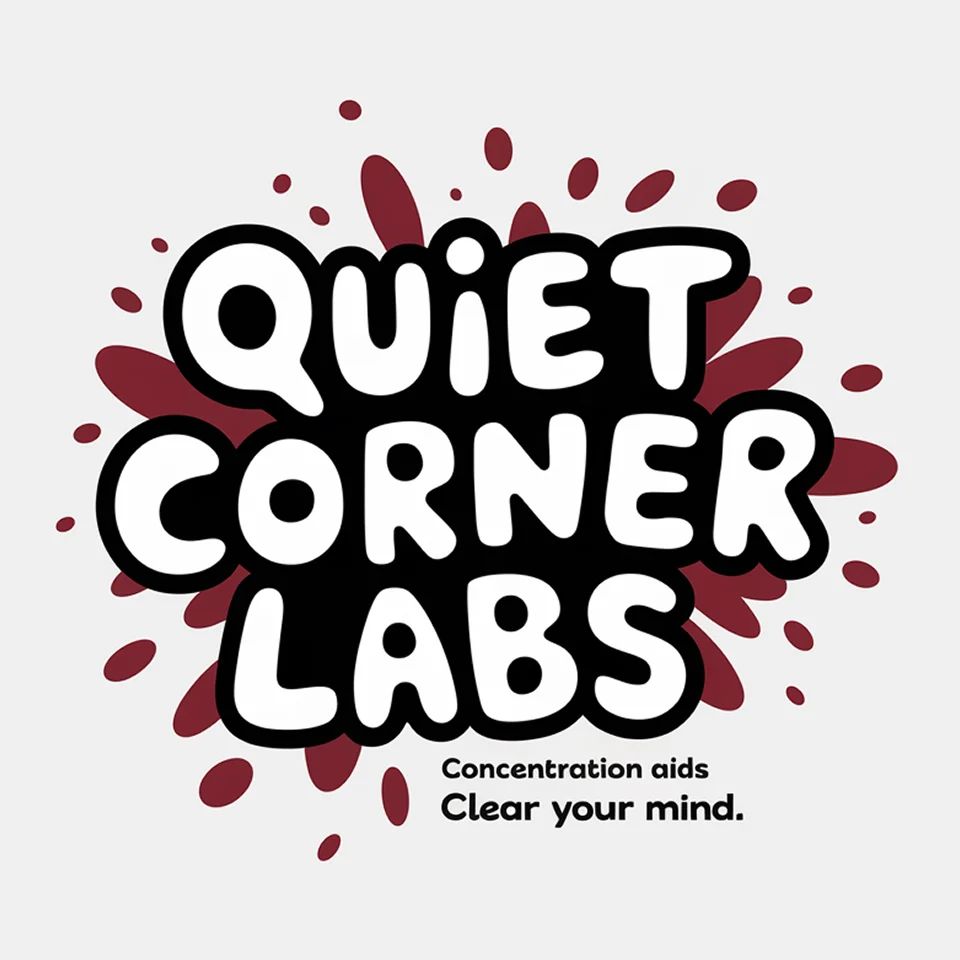 Logo of Quiet Corner Labs in bold rounded type with energetic splash shapes, suggesting focus and mental clarity.