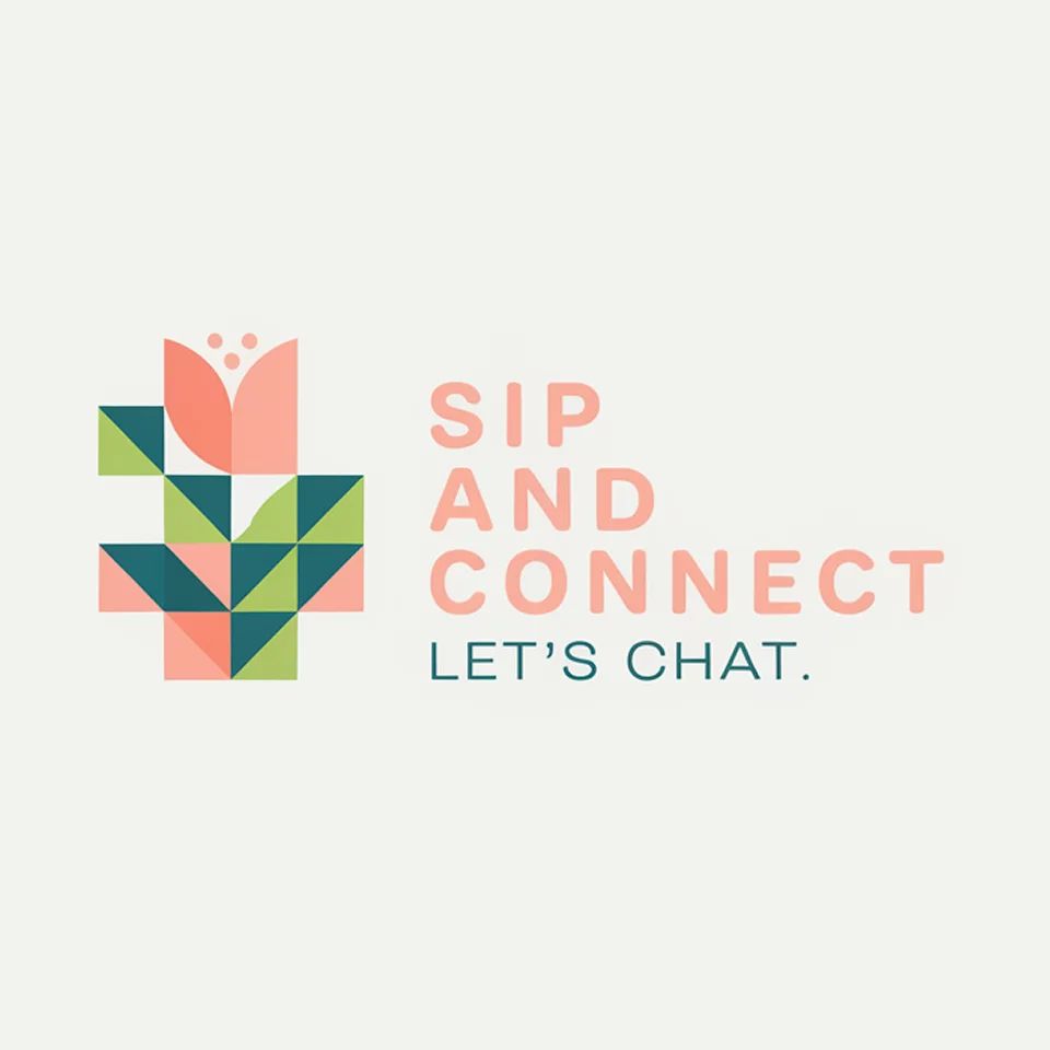Logo of Sip and Connect with geometric floral shapes and soft colors, suggesting warm conversation and gathering.