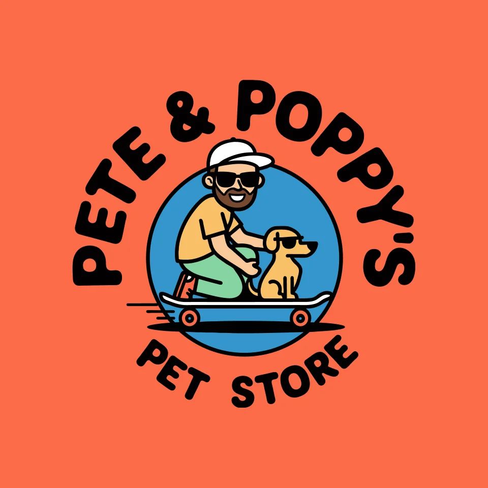 Logo of Pete & Poppy’s Pet Store with a man and dog riding a skateboard, giving a fun, friendly vibe.
