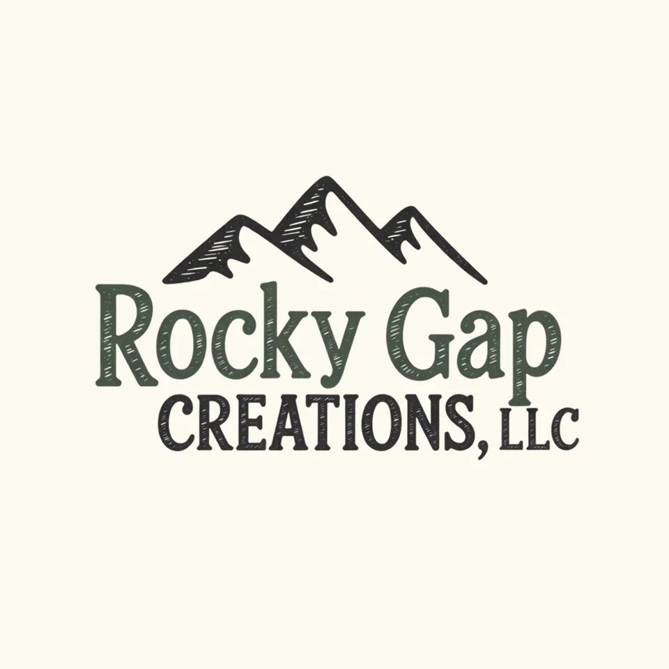 Logo of Rocky Gap Creations with hand-drawn mountains and rustic lettering, evoking outdoor-inspired handmade goods.