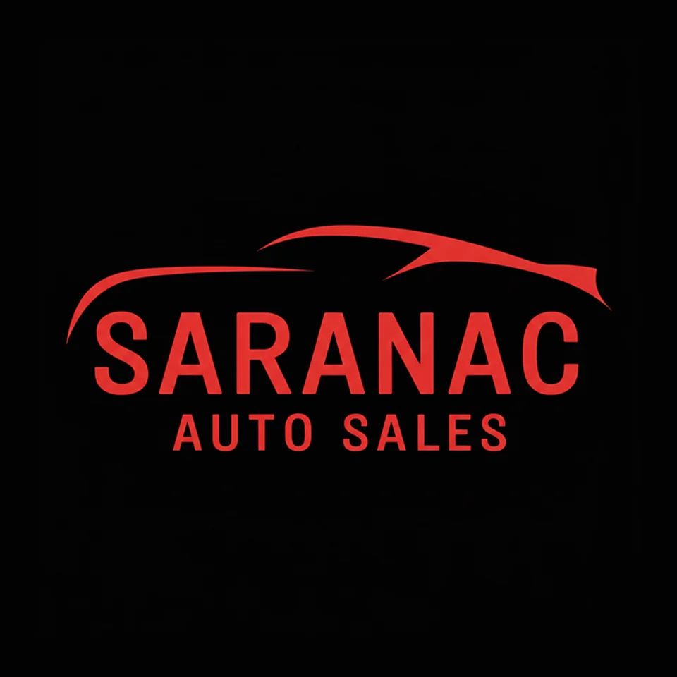 Logo of Saranac Auto Sales with a sleek red car silhouette above bold text, suggesting speed and trusted service.
