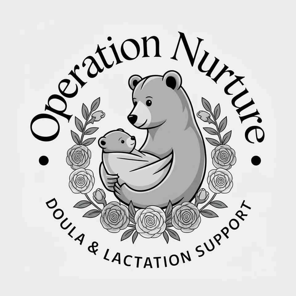 Logo of Operation Nurture with a bear holding a cub surrounded by roses, expressing warmth and gentle support.