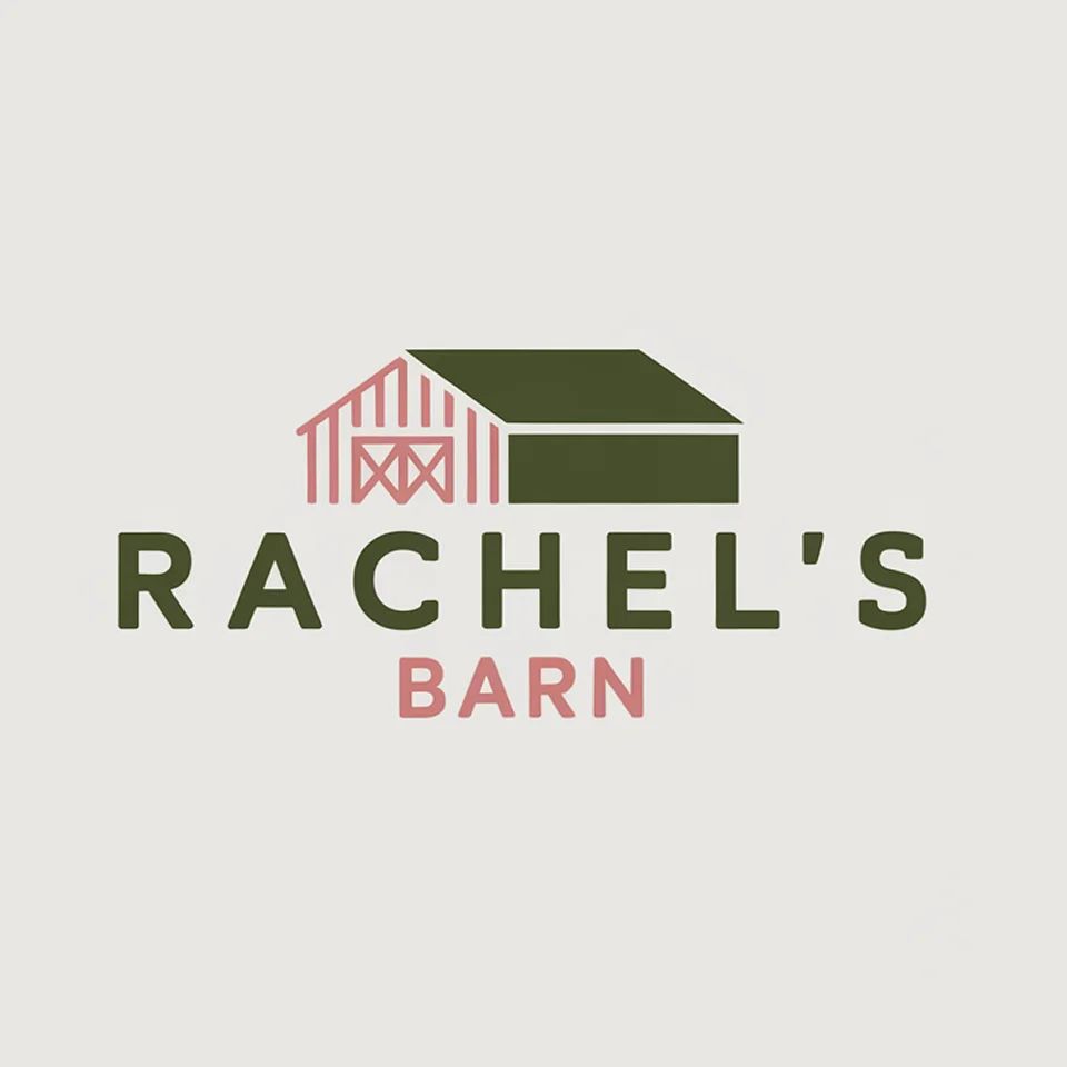 Logo of Rachel’s Barn with a simple barn and warehouse icon in warm, earthy colors.