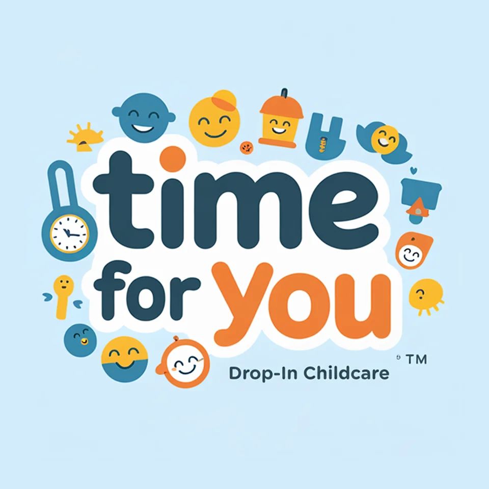 Logo of Time For You with cheerful lettering and smiling character icons for friendly drop-in childcare.