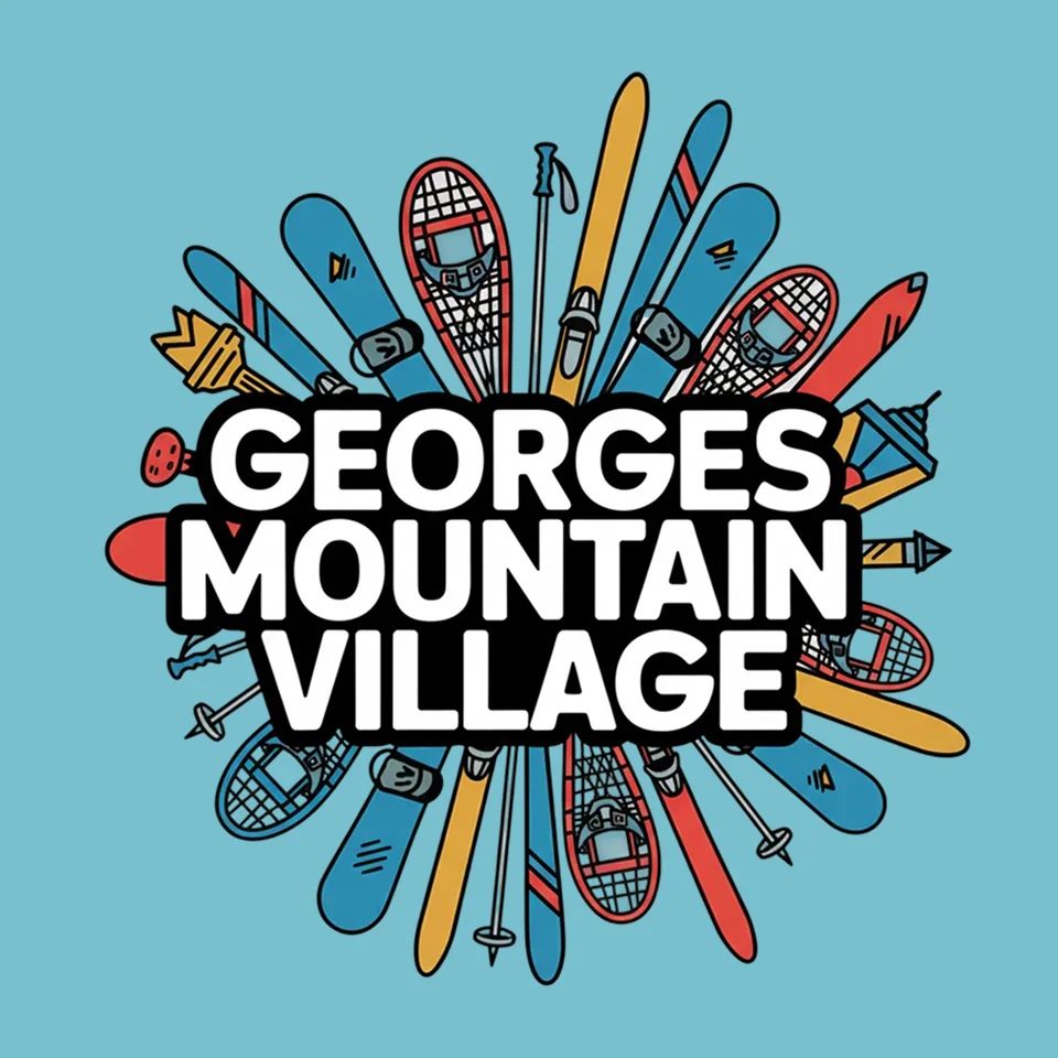 Logo of Georges Mountain Village with skis, poles, and gear arranged in a burst around the name, evoking mountain adventure.