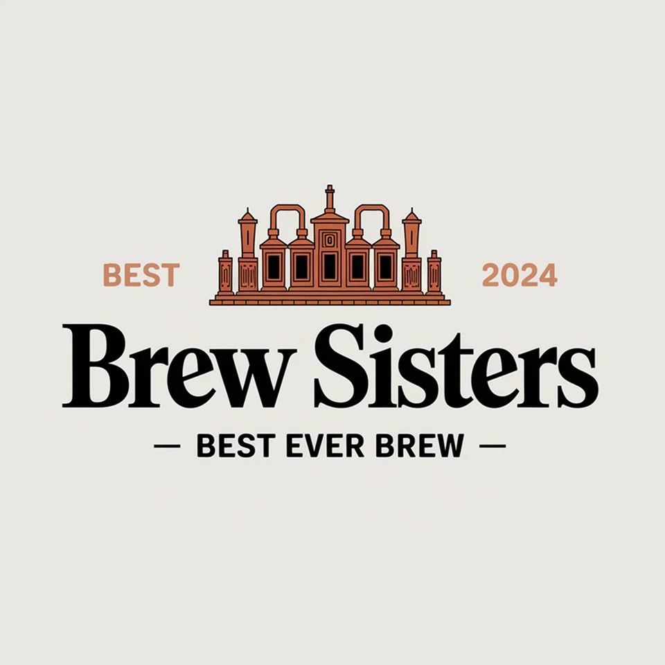 Logo of Brew Sisters with a vintage brewing house illustration, giving a warm, handcrafted brew vibe.