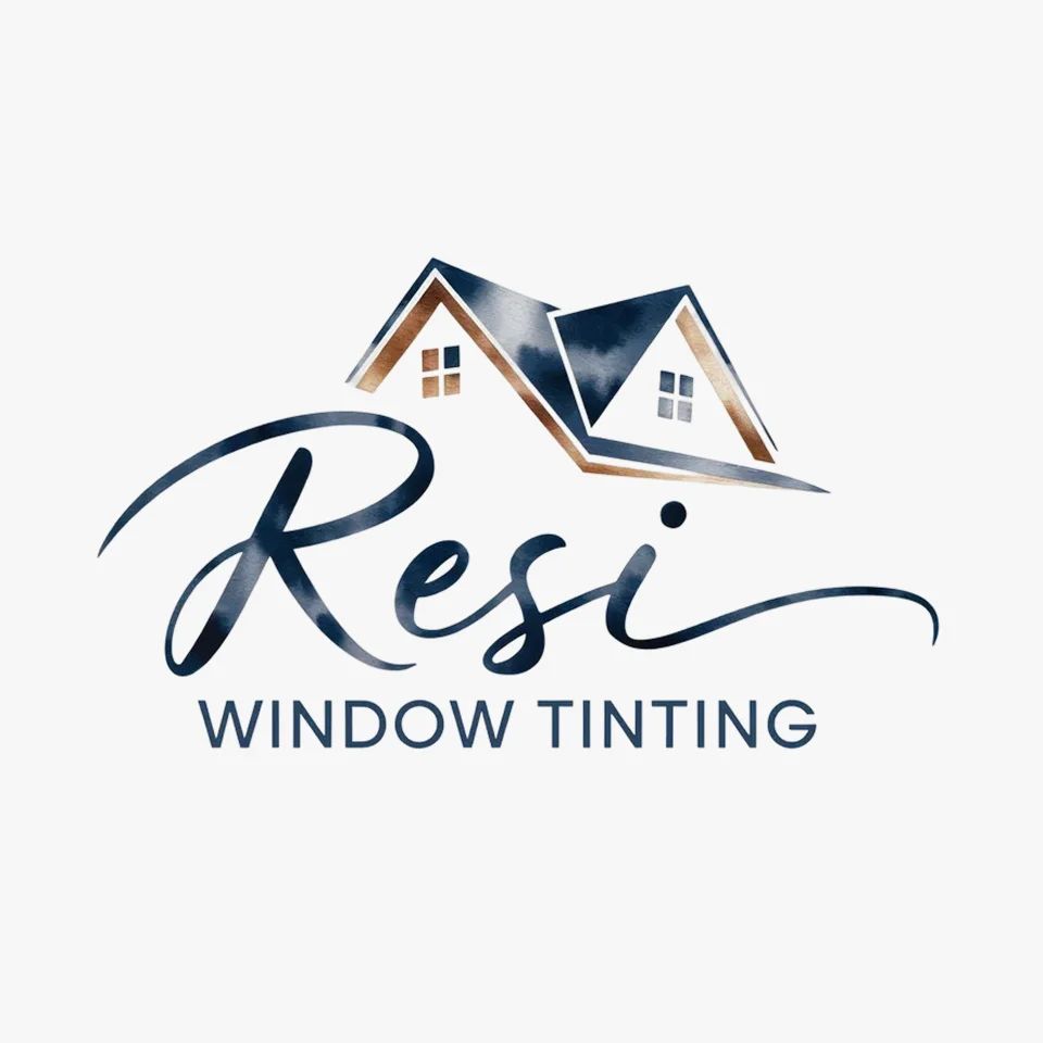 Logo of Resi Window Tinting with two stylized rooftops and elegant script text, suggesting home comfort.