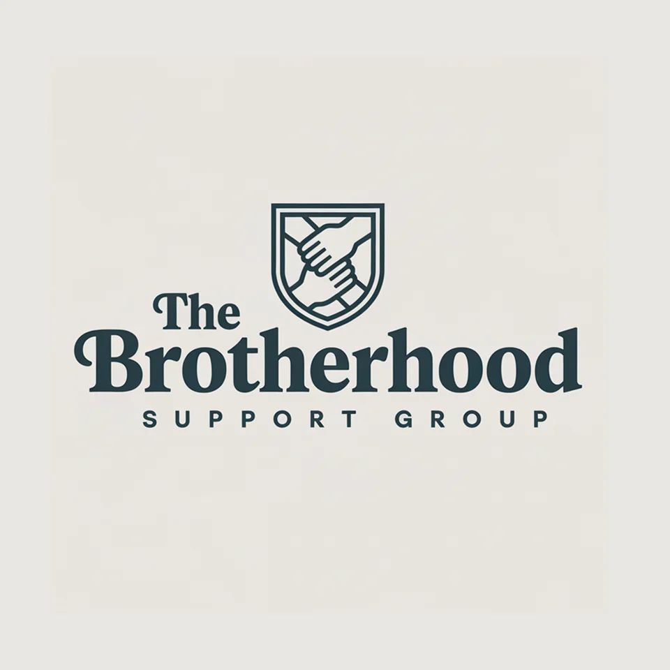 Logo of The Brotherhood Support Group with clasped hands in a shield, symbolizing unity and trust.