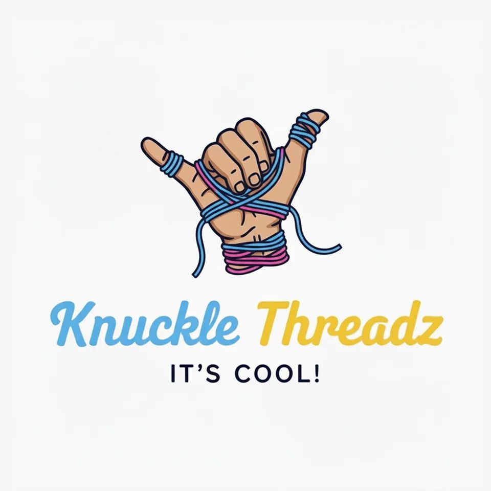 Logo of Knuckle Threadz with a hand in a shaka gesture wrapped in colorful threads, giving a relaxed, cool vibe.