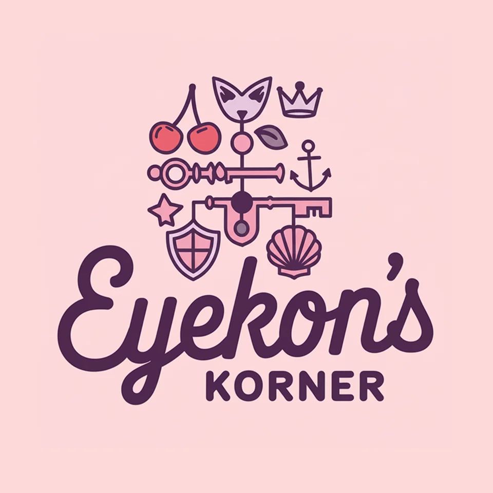 Logo of Eyekon’s Korner with playful charm icons like cherries, crown, and key, suggesting a fun boutique vibe.