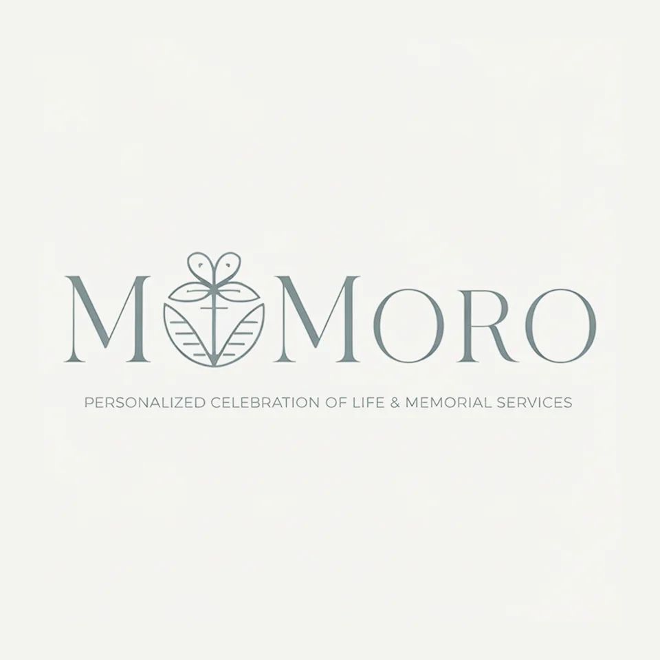 Logo of Momoro with a heart-shaped leaf emblem, expressing gentle remembrance and celebration of life.