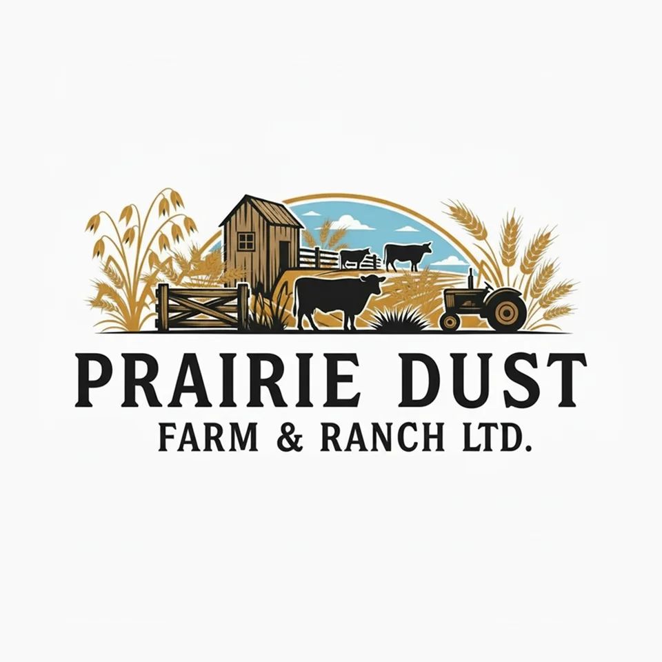 Logo of Prairie Dust Farm & Ranch with barns, cattle, crops, and a tractor, reflecting traditional farm life.