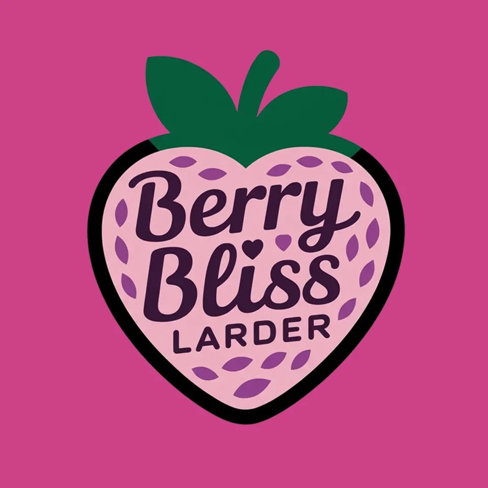 Logo of Berry Bliss Larder in the shape of a strawberry with playful lettering, conveying sweet, joyful handcrafted treats.