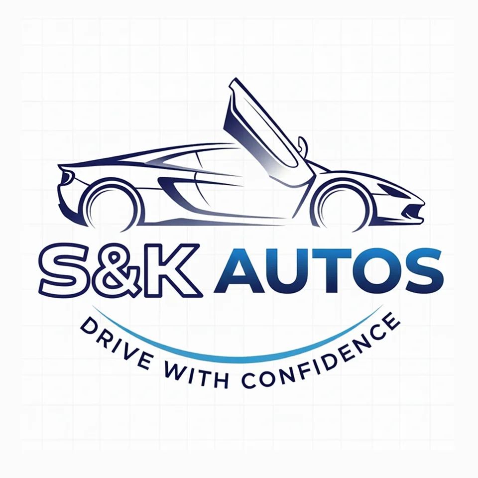 Logo of S&K Autos with a dynamic sports car illustration, expressing speed, confidence, and reliability.