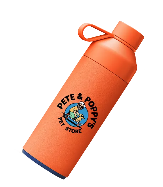 Pet store logo printed on a water bottle