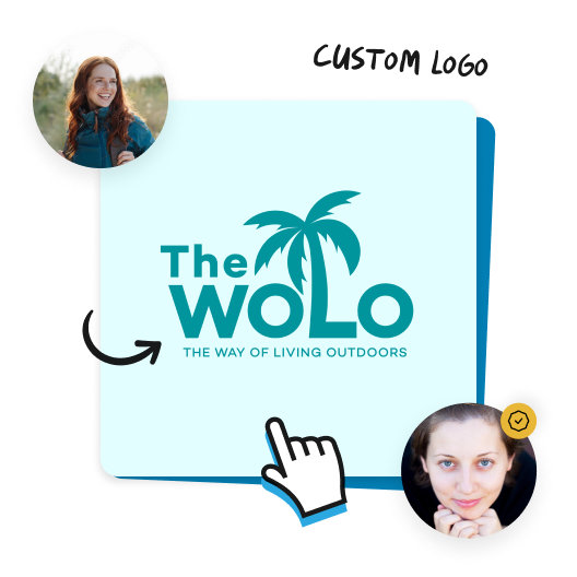 An image of a customized logotype for The Wolo, an outdoor living brand, features profile images representing a conversation between a small business owner and the logo designer, Rossamaxa.