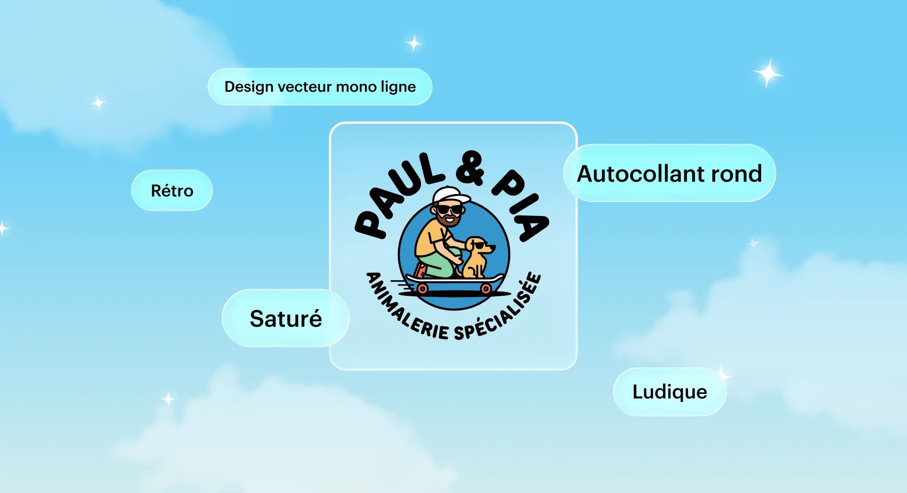 Un logo d’animalerie généré par l’IA est présenté avec des styles identifiés – rétro, ludique, saturé et image vectorielle monoligne –, afin d’illustrer la personnalisation de logo intelligente.