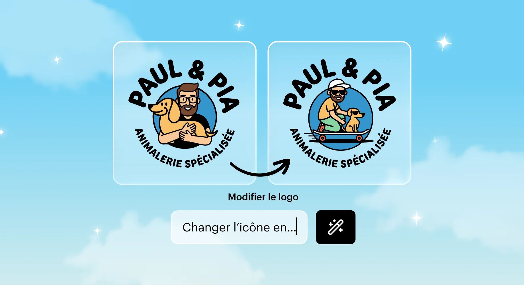 Deux versions d’un logo d’une animalerie présentées côte à côte, illustrant la facilité avec laquelle les utilisateurs peuvent modifier et remplacer les icônes.