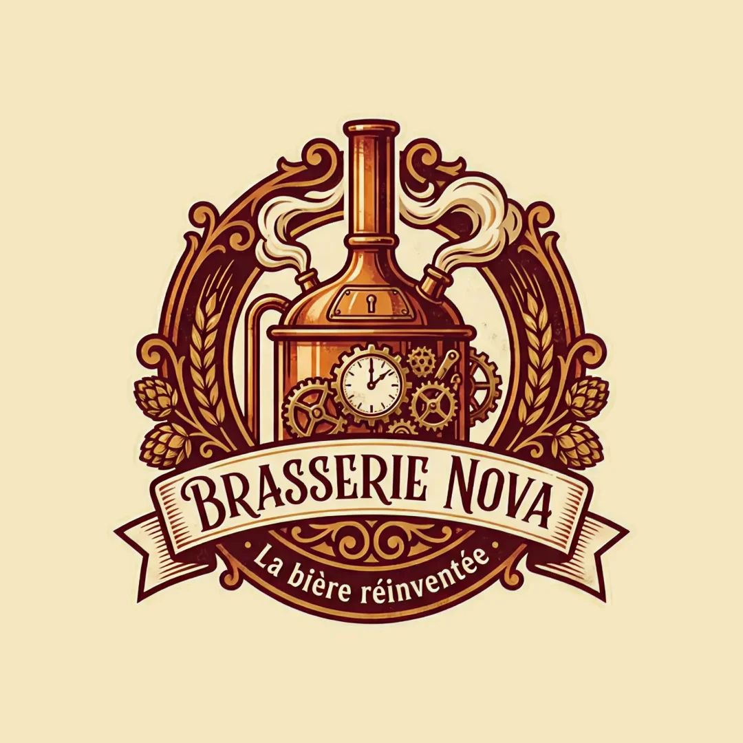 Logo représentant un alambic de brasserie entouré de houblon et d’engrenages, évoquant une bière artisanale.
