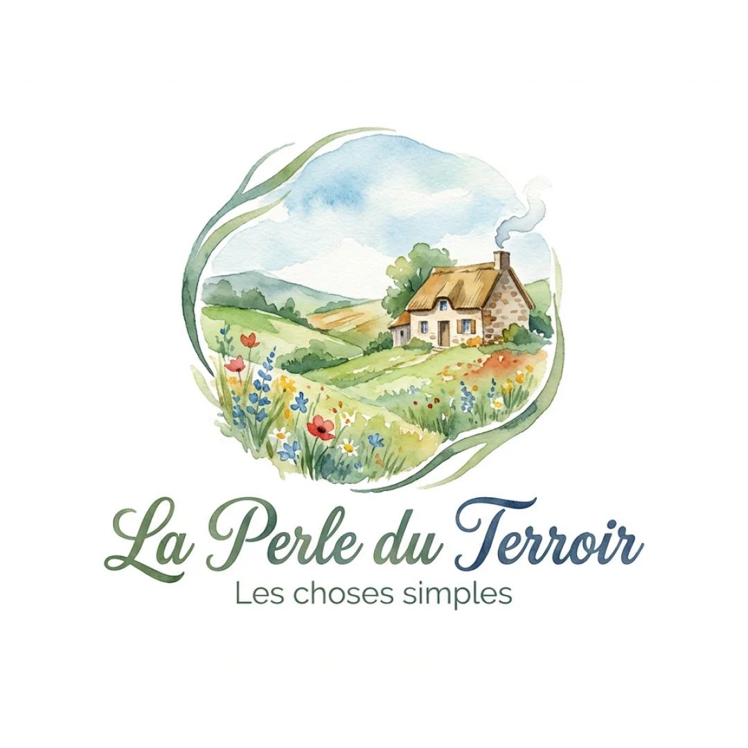 Illustration aquarelle d'une maison de campagne entourée de champs et de fleurs, évoquant des produits du terroir.