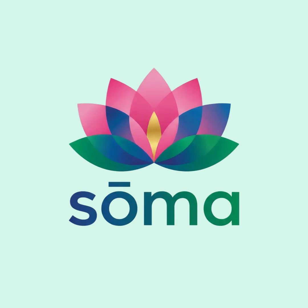 Logo floral symétrique aux pétales colorés, évoquant l'équilibre, la méditation et le bien-être.