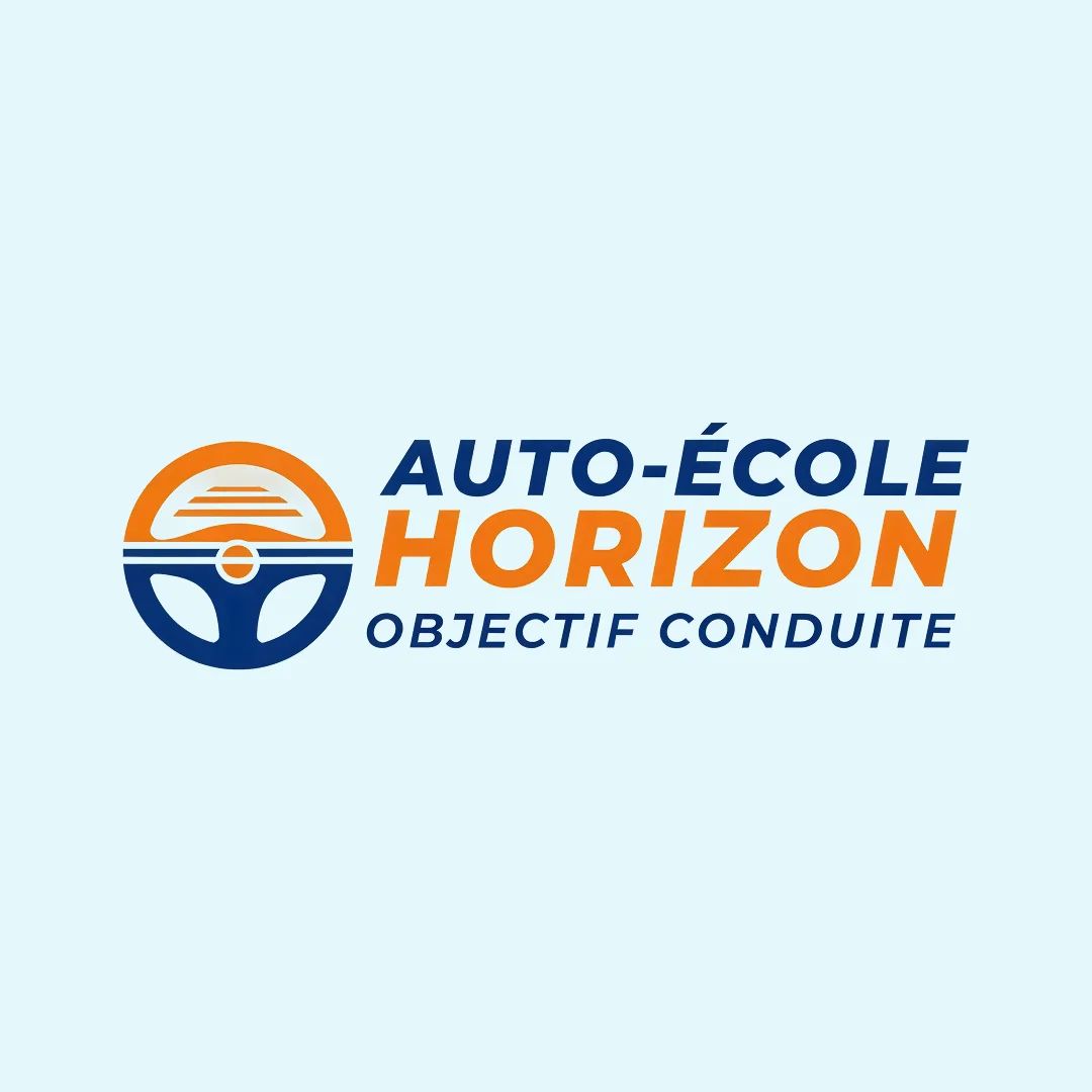 Logo avec un volant stylisé et des formes dynamiques, représentant une école de conduite moderne.