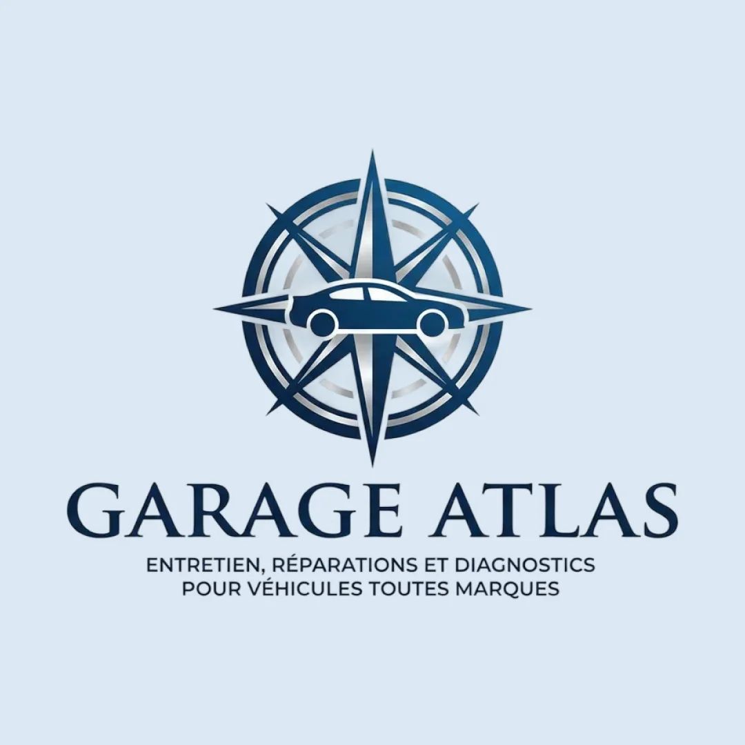 Logo avec une rose des vents intégrant une voiture, évoquant l'entretien et la réparation automobile.