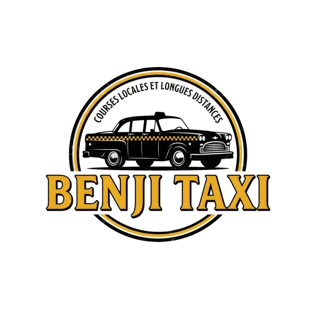 Logo vintage avec une voiture classique dans un badge circulaire, évoquant un service de taxi traditionnel.