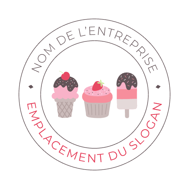Exemple de modèle de logo pour une boulangerie qui vend aussi des glaces, où des icônes de glaces et de petits gâteaux sont disposés en rond sur une palette de couleurs roses.