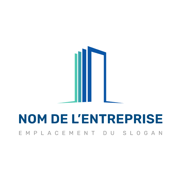 Exemple de modèle de logo pour une entreprise de construction où une icône esquissant des bâtiments est disposée verticalement sur une palette de couleurs bleue et verte.