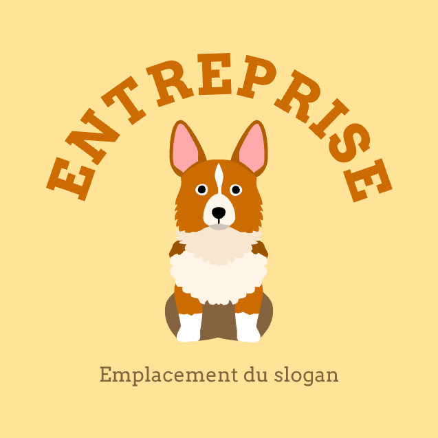 Exemple de modèle de logo pour un magasin de toilettage pour animaux où l’icône d’un chien figure sous le nom de l’entreprise en arc sur une palette de couleurs marron et jaune.
