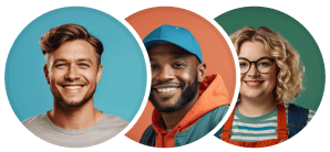 Un gruppo di tre designer, due uomini e una donna sorridenti, sono presentati individualmente all’interno di un cerchio, come un avatar.