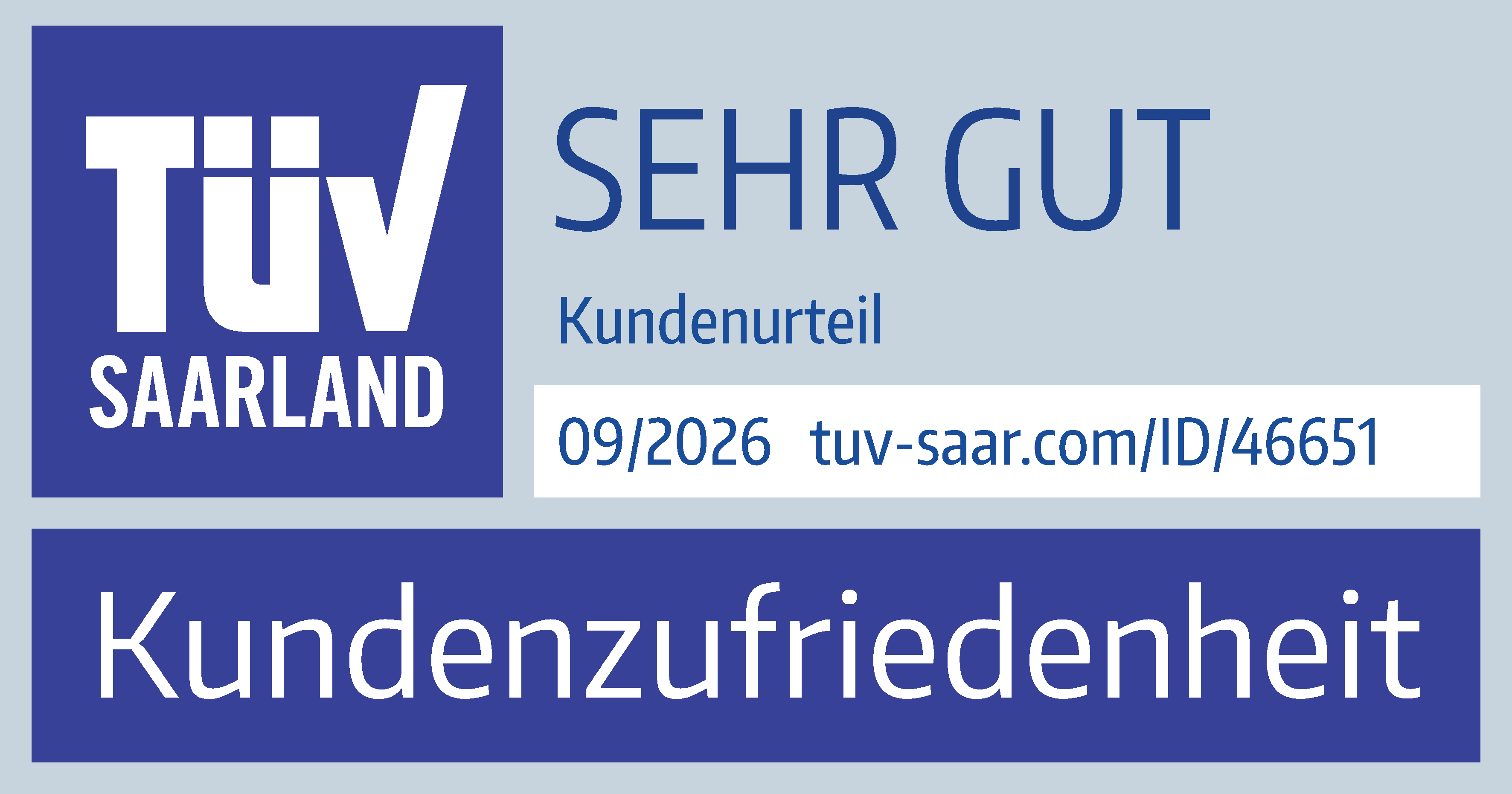 Qualitätssiegel von TÜV Saarland mit der Note Sehr gut.
