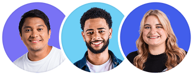 En gruppe på 3 designere præsenteres individuelt i cirkler som en avatar; to mænd og en kvinde, der smiler til kameraet.