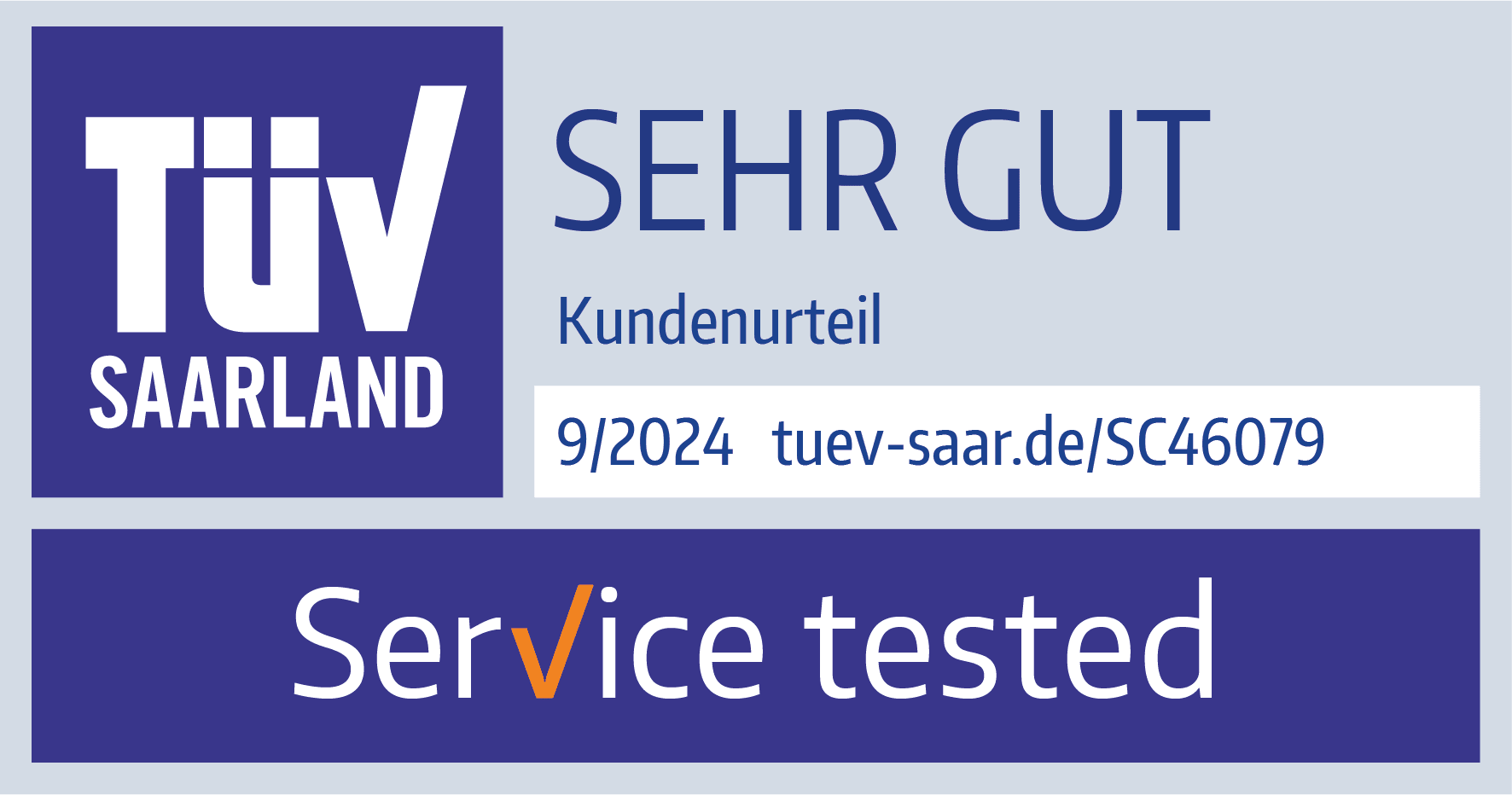 Qualitätssiegel von TÜV Saarland mit der Note Sehr gut.