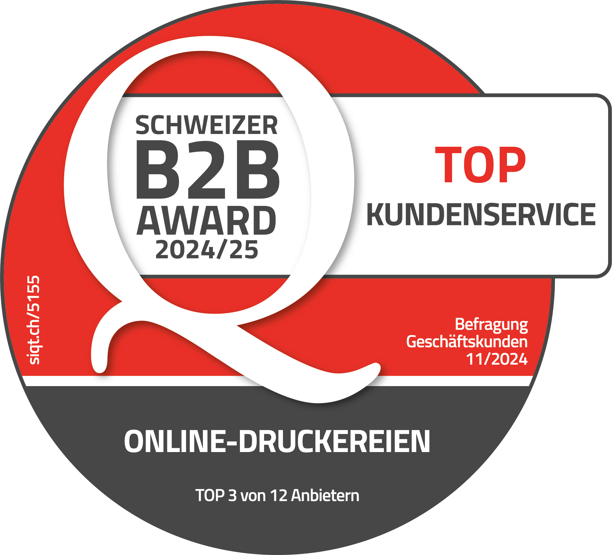 Siegel des Schweizer B2B-Awards, auf dem Top-Kundenservice 2024/25 steht.