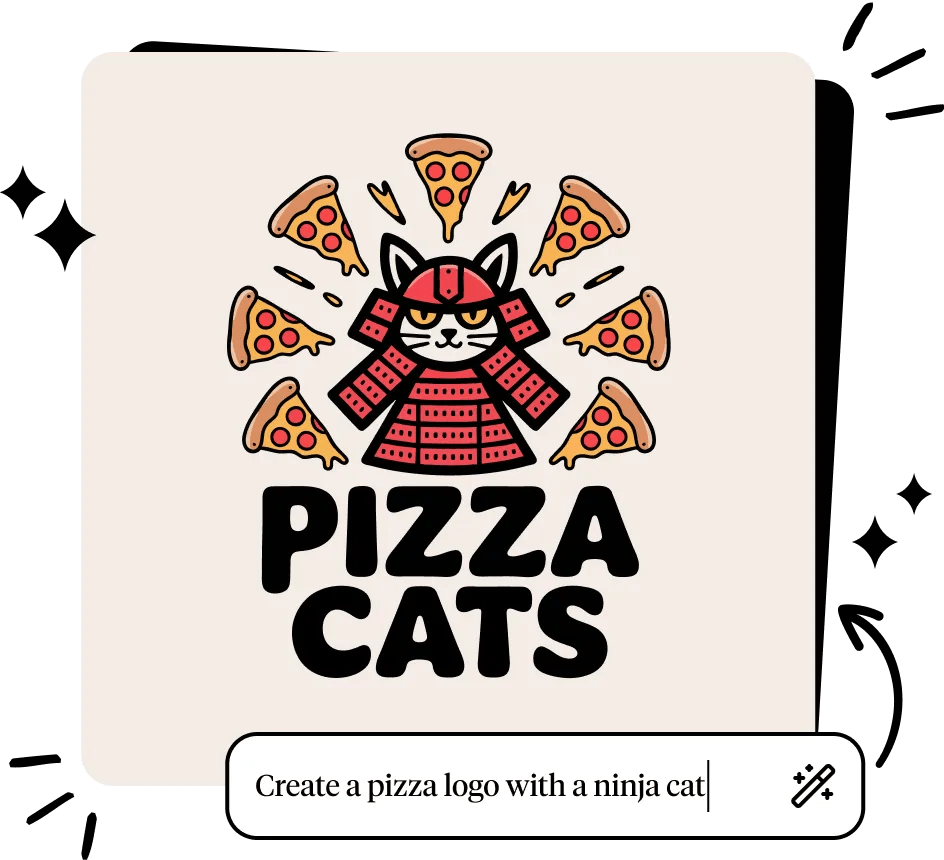 Logo of a cat in red ninja armor, surrounded by pizza slices, with the text "Pizza Cats" and an input box below it saying "Create a pizza logo with a ninja cat"