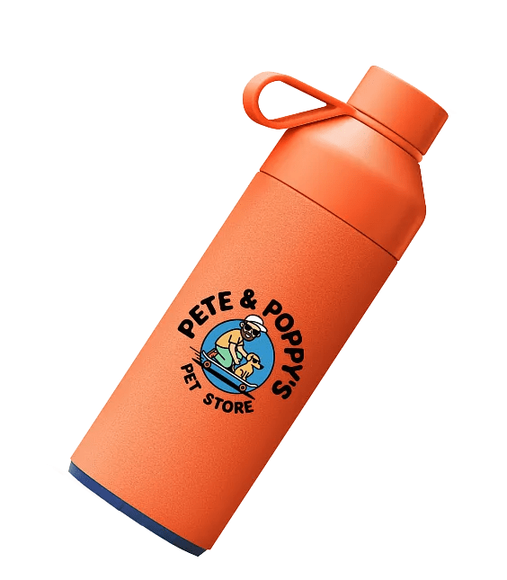 Pet store logo printed on a water bottle.
