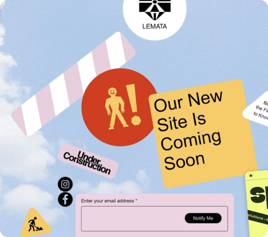 Colorful 'Site under construction' landing page for LEMATA brand with playful design elements and the message 'Our new site is coming soon'.