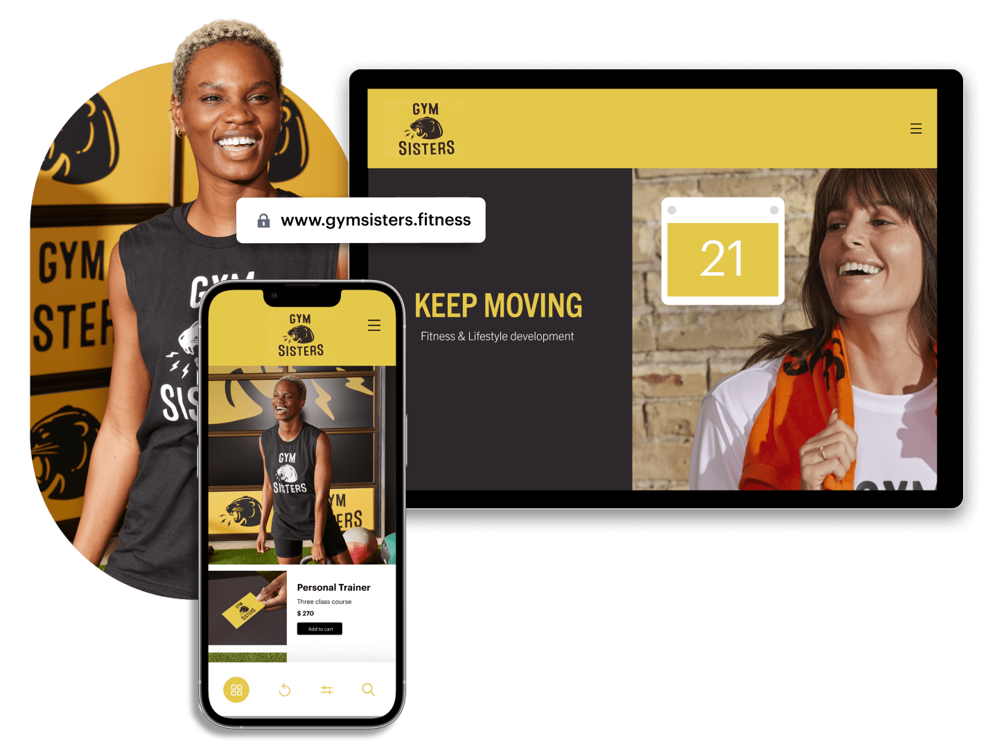 Une femme souriante dans une tenue de sport personnalisée de la marque Gym Sisters, à côté du site web Gym Sisters pour mobile et ordinateur
