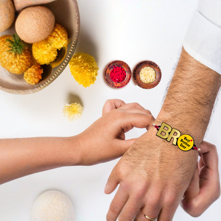 Personalised Golden Acrylic Bro Photo Rakhi > Hero img1