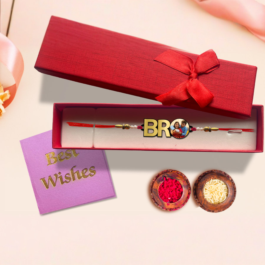 Personalised Golden Acrylic Bro Photo Rakhi > Hero img3